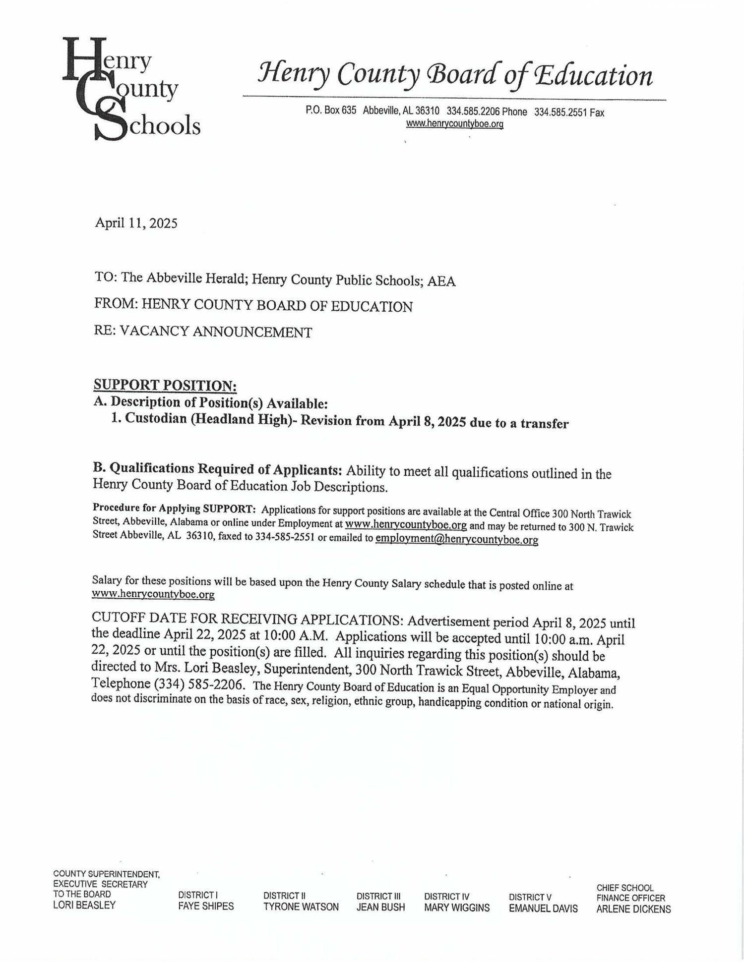 Custodian Vacancy (Headland High)- Revision from April 8, 2025 due to a transfer.